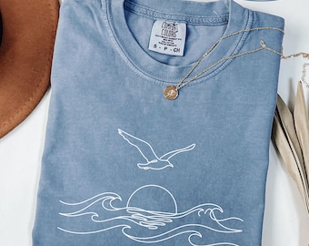Minimalist Ocean  Comfort Colors® Shirt, Seagull Shirt, Beach Vacation Shirt, Ocean Lover Shirt, Minimalist Beach Tee, Island Vibes Shirt