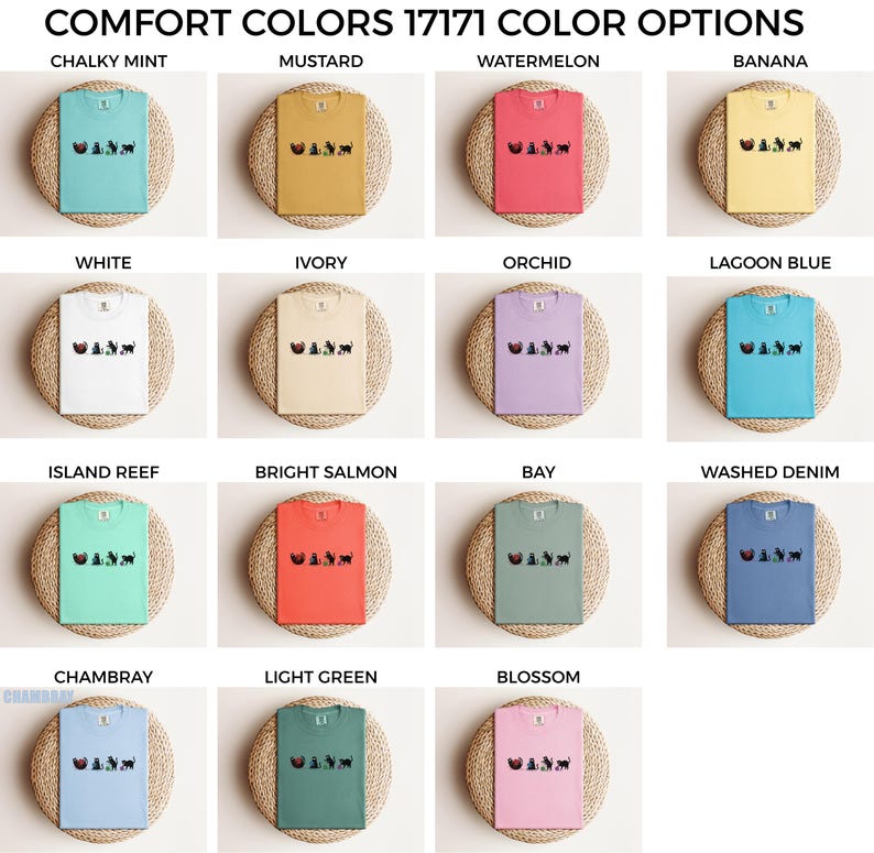 May include: A grid of t-shirts in various colors, including mint, mustard, and watermelon. Each shirt features a graphic design and is displayed on a woven mat. The text "COMFORT COLORS 17171 COLOR OPTIONS" is at the top.