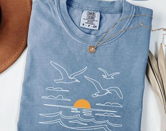 Comfort Colors® Minimalist Ocean  Shirt, Trendy Beach tshirt, Seagulls Shirt, Island Vibes Tshirt, Hawaii Shirt, Beach Vacation Tee,