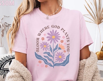 Komfortfarben Christliches T-Shirt: Retro Blumen Bibel Vers T-Shirt