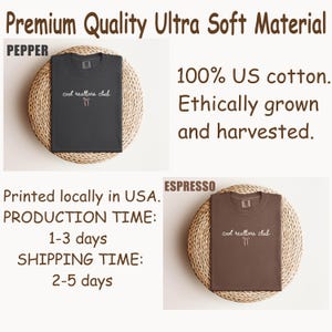 May include: Two t-shirts in pepper and espresso colors, each featuring the text 'cool realtors club' with a small bow graphic. The shirts are made of 100% US cotton. The image includes text stating 'Premium Quality Ultra Soft Material' and '100% US cotton. Ethically grown and harvested.'