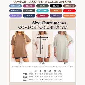 May include: A Comfort Colors 1717 size chart in inches featuring a color palette of blue jean, berry, hemp, black, espresso, midnight, pepper, seafoam, yam, red, violet, denim, chili, grape, and burnt orange. It displays three t-shirts and a table.