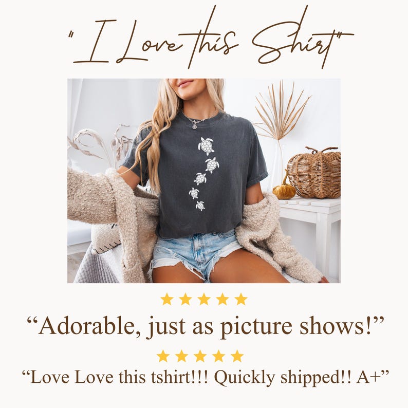 May include: Dark gray t-shirt featuring a white turtle design. The shirt has the text "I Love this Shirt" at the top. The shirt is worn with denim shorts and a beige jacket. The image also includes text that says "Adorable, just as picture shows!"
