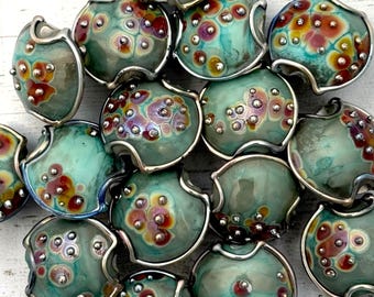 Lentil Lampwork Beads For Jewelry Making, Copper Green Glass Beads For Jewelry Supplies, Handmade Beads for Earrings, Organic Beads, 19 mm