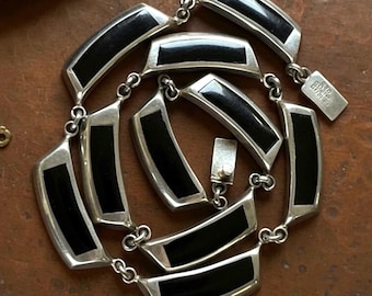 1980s Taxco Mexican Sterling Silver & Black Onyx Link Necklace, Vintage Necklace, 925 Silver Necklace, Modern Minimalist Jewelry, TV-102