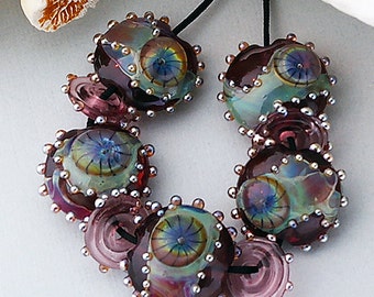 Lila Lampwork Perlen für Schmuck Zubehör, handgemachte Lentil Glasperlen für die Schmuckherstellung, Perlen für Bastelbedarf, Perlen für Ohrringe