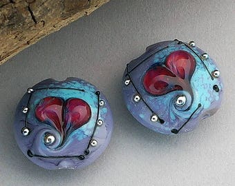 Heart Lampwork Beads For Earrings, Lentil Heart Beads For Jewelry Making, Purple Glass Beads For Jewelry Supplies, Beads For Craft Supplies