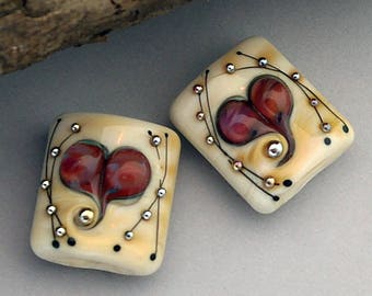 Heart Lampwork Beads For Earrings, Glass Beads For Jewelry Supplies, Bead For Necklace, Jewelry Making Beads, 19 mm Square Ivory Glass Beads