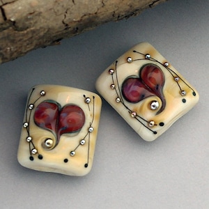 Heart Lampwork Beads For Earrings, Glass Beads For Jewelry Supplies, Bead For Necklace, Jewelry Making Beads, 19 mm Square Ivory Glass Beads