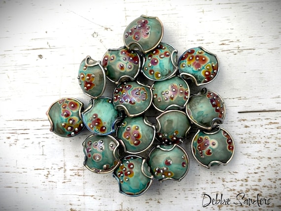 Lentil Lampwork Beads For Jewelry Making, Copper Green Glass Beads For Jewelry Supplies, Handmade Beads for Earrings, Organic Beads, 19 mm