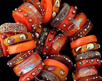 Chunky Handmade Lampwork Beads For Jewelry Making, Bohemian Beads For Bracelet, Handmade Beads For Jewelry Supplies, 36 Orange Disc Beads