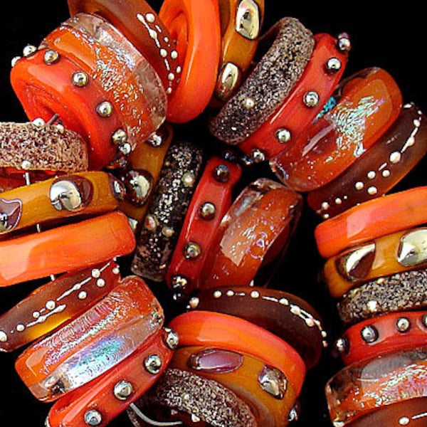 Chunky Handmade Lampwork Beads For Jewelry Making, Bohemian Beads For Bracelet, Handmade Beads For Jewelry Supplies, 36 Orange Disc Beads