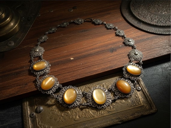 Vintage Mexican Silver Filigree Necklace, Mid Century Tigers Eye Choker, Handcrafted Festoon Collar, 1940s Mexico Estate Jewelry, Statement