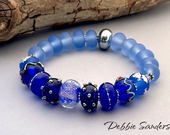 Blue Bracelet For Women, Stackable Bracelets, Boho Bracelet, Handmade Lampwork Bead Bracelet, Stretch Bead Bracelet, 7.5 inch bracelet