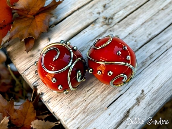 Orange Lampwork Beads For Earrings, Glass Beads For Jewelry Supplies, Handmade Beads For Jewelry Making, Beading Supplies, 16 mm Orange