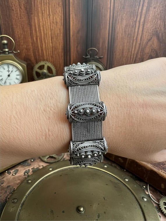 Vintage Filigree Bracelet for Women, Cuff Bracelet, Ornate Wide Silver Bracelet, Mid Century Modern, Silver 892 Bracelet, Handcrafted