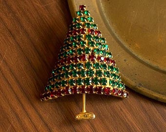 Vintage Christmas Tree Brooch, Red Green Rhinestone Holiday Pin, Mid Century Costume Jewelry, Festive Pin, Excellent Condition