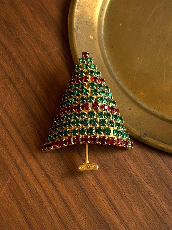Vintage Christmas Tree Brooch, Red Green Rhinestone Holiday Pin, Mid Century Costume Jewelry, Festive Pin, Excellent Condition