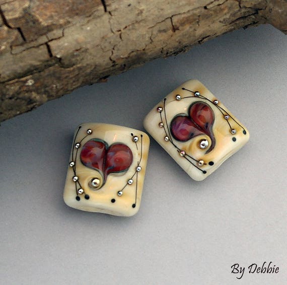 Heart Lampwork Beads For Earrings, Glass Beads For Jewelry Supplies, Bead For Necklace, Jewelry Making Beads, 19 mm Square Ivory Glass Beads