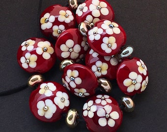Perles de fleurs au chalumeau pour collier tendance, Perles de verre rouge pour accessoires de bijoux, Perles de lentilles fleurs pour bijoux, Perles de 16 mm