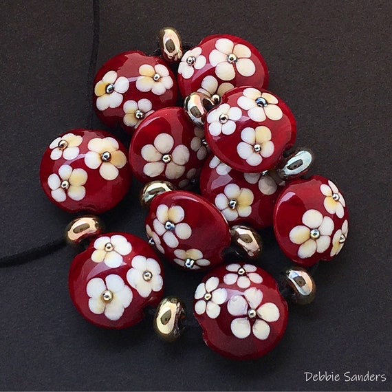 Flower Lampwork Beads for Statement Necklace, Red Glass Beads for Jewelry Supplies, Flower Lentil Beads for Jewelry Design, 16 mm Beads