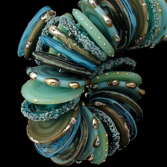 Handmade Beads For Jewelry Making, Disc Lampwork Beads For Jewelry Supplies, Teal Glass Beads For Necklace, Aqua Disk Beads 36 Beads