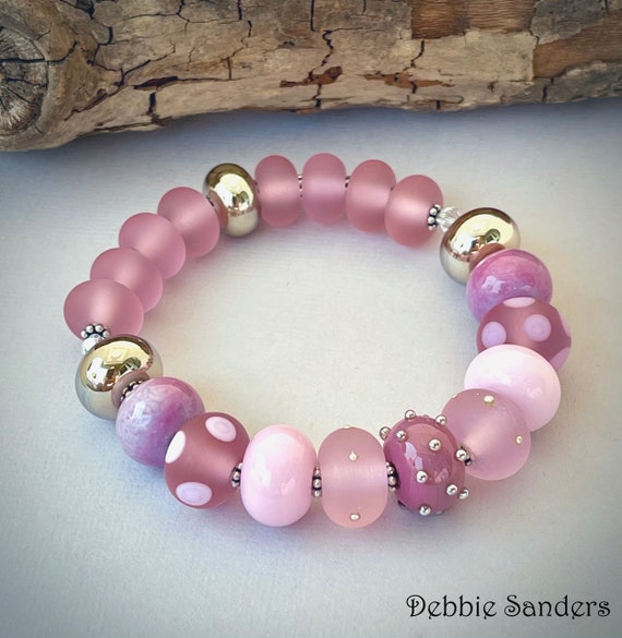 Pink Bead Stackable Bracelet Bohemian Jewelry Lampwork Beads Handmade Bracelet Round Bead Bracelet Gift For Her Stretch Fitted Bracelet