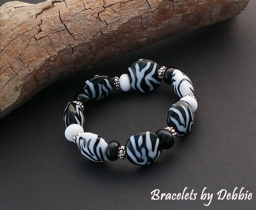 Animal Print Bead Bracelet Zebra Black And White Lampwork Beads Handmade Beaded Safari Bracelet