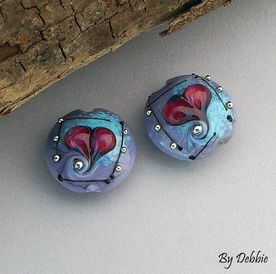 Heart Lampwork Beads For Earrings, Lentil Heart Beads For Jewelry Making, Purple Glass Beads For Jewelry Supplies, Beads For Craft Supplies