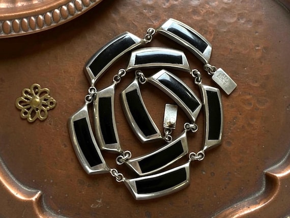 1980s Taxco Mexican Sterling Silver & Black Onyx Link Necklace, Vintage Necklace, 925 Silver Necklace, Modern Minimalist Jewelry, TV-102