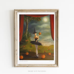 May include: Framed art print of a ballerina in a witch hat holding a pumpkin, set in a pumpkin patch. The artwork features a stage with red curtains, a tree, and a full moon. The words "Dance Of The Pumpkin Patch" are at the bottom.