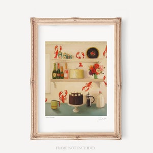 May include: A painting of a kitchen scene with a chocolate cake on a plate, a coffee pot, a glass of milk, and a mug. The walls are decorated with red lobsters and Russian nesting dolls. The text "Be Cool, Dad" is at the bottom of the painting.