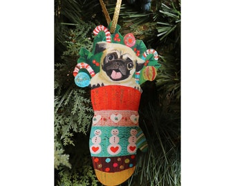 Christmas Pug Decorative Paper Ornament/ Gift Tag/ Diecut Decoration