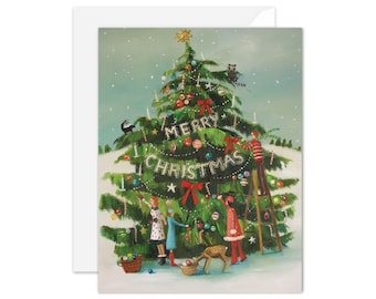 The Peppermint Family Trim The Tree. BOX SET of 8 Cards. One Design.