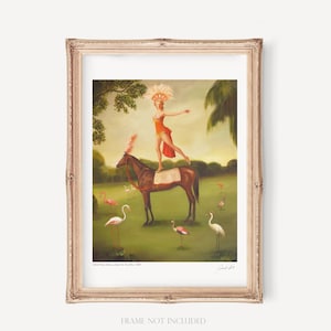 May include: A painting depicting a woman in a red and orange costume balancing on a horse. She is wearing a feathered headdress and has her arms outstretched. The horse is brown with a white saddle. There are pink flamingos and white birds in the background.