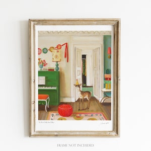 May include: A painting of a deer wearing a party hat standing in a doorway of a room decorated for a party. The room has a green piano, a red ottoman, and a red and yellow rug. The text "For Max & Lily, Sweet Sweet Sixteen" is at the bottom of the painting.