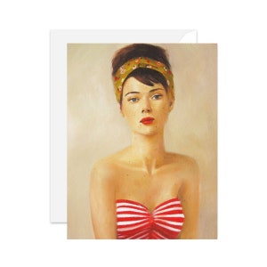 May include: A portrait painting of a woman with freckles wearing a red and white striped strapless top and a green and floral headband.