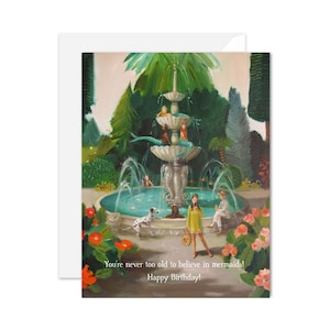 Selfie à la fontaine publique de la sirène. Carte d'anniversaire. UGS JH1161