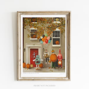May include: A painting of a house with a red door and a group of children dressed in Halloween costumes. The children are holding pumpkins and balloons. The house is decorated with pumpkins and fall leaves. The text "All Hallows Eve, Hull's Kitchen, New York, 2019" is at the bottom of the painting.