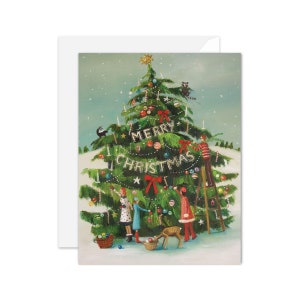 La famille des menthes poivrées taille le sapin. Carte de Noël. Réf. JH1127