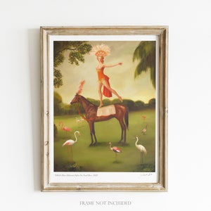 May include: A painting of a woman in a red and white costume standing on a horse. The woman is holding a pink feather boa. The horse is surrounded by pink flamingos and white birds. The painting is set in a green field with trees in the background. The text "Edith Piaf,  Debuts at the New Grand Circus, 1929" is at the bottom of the painting.