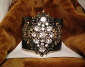 Black Cuff Bracelet, Rhinestone Vintage Buckle, Wristlet VR15