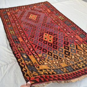 Antique Handwoven Kilim Rug 4.9x7.8 ft - Vintage Turkish Wool Rug with Geometric & Tribal Patterns, Rustic Boho Area Rug for Living Room