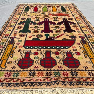 Alfombra de guerra afgana vintage de 3x5 pulgadas / Alfombra de lana baluchi hecha a mano / Arte de mapa pictórico raro / Decoración de pared tribal / Textil político único, alfombra de oficina