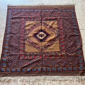 Handmade 5x5 ft Antique Geometric Square Rug | Vintage Tribal Wool Carpet | Boho Home Decor | Persian Style Area Rug | Ethnic Floor Mat