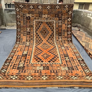 Terracotta Kilim Rug 8'1x13' | Oversized Afghan Tribal Flatweave | Vintage Wool Carpet | Handmade Earthy Orange Geometric Boho Statement Rug