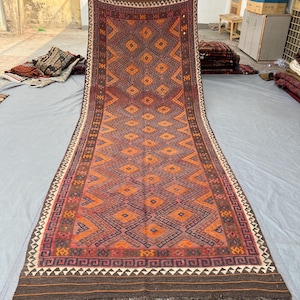 Stunning Afghan Handmade Long Runner Rug, 4'7" x 13'3" | Vintage Terracotta & Faded Tribal Maimana Kilim Wool Rug, Traditional Design
