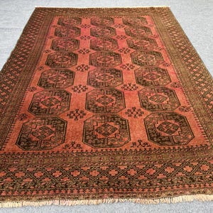 Vintage Turkmen Bukhara Rug, 6&#39;4x8&#39;8 ft Hand Knotted Afghan Wool Carpet | Tribal Geometric Pattern | Oriental Living Room Rug, Bedroom rug