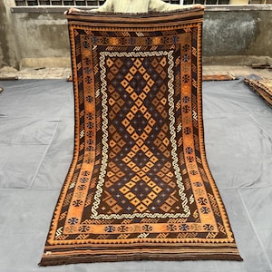 4x8 Afghan Kilim Rug | Handmade Flatweave Wool Rug | Tribal Brown Orange Kilim | Boho Hallway Runner | Geometric Area Carpet, Kitchen rug