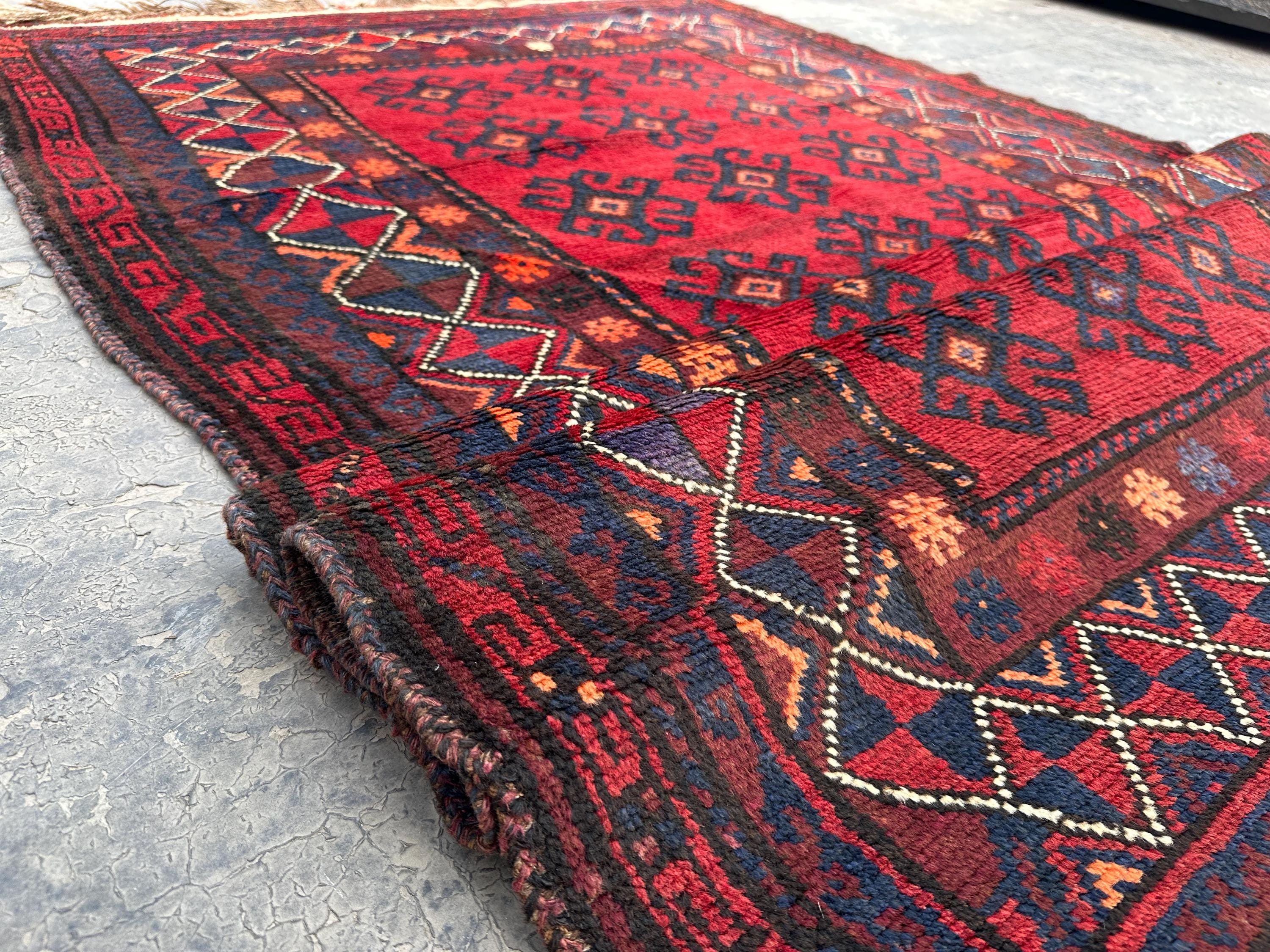 Vintage 4.1x7.10 Ft Turkmen Rug - Handwoven Wool Red Geometric